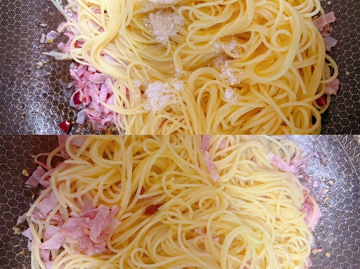 Hojas verdes de fárfara picadas colocadas sobre la mezcla de pasta dentro de una sartén.
