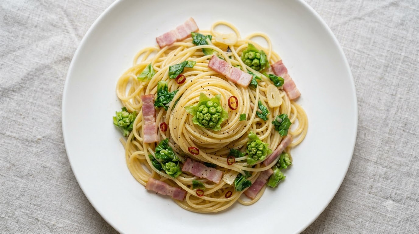 Pasta con Aglio, Olio, Tocino y FárfARA de Petasites