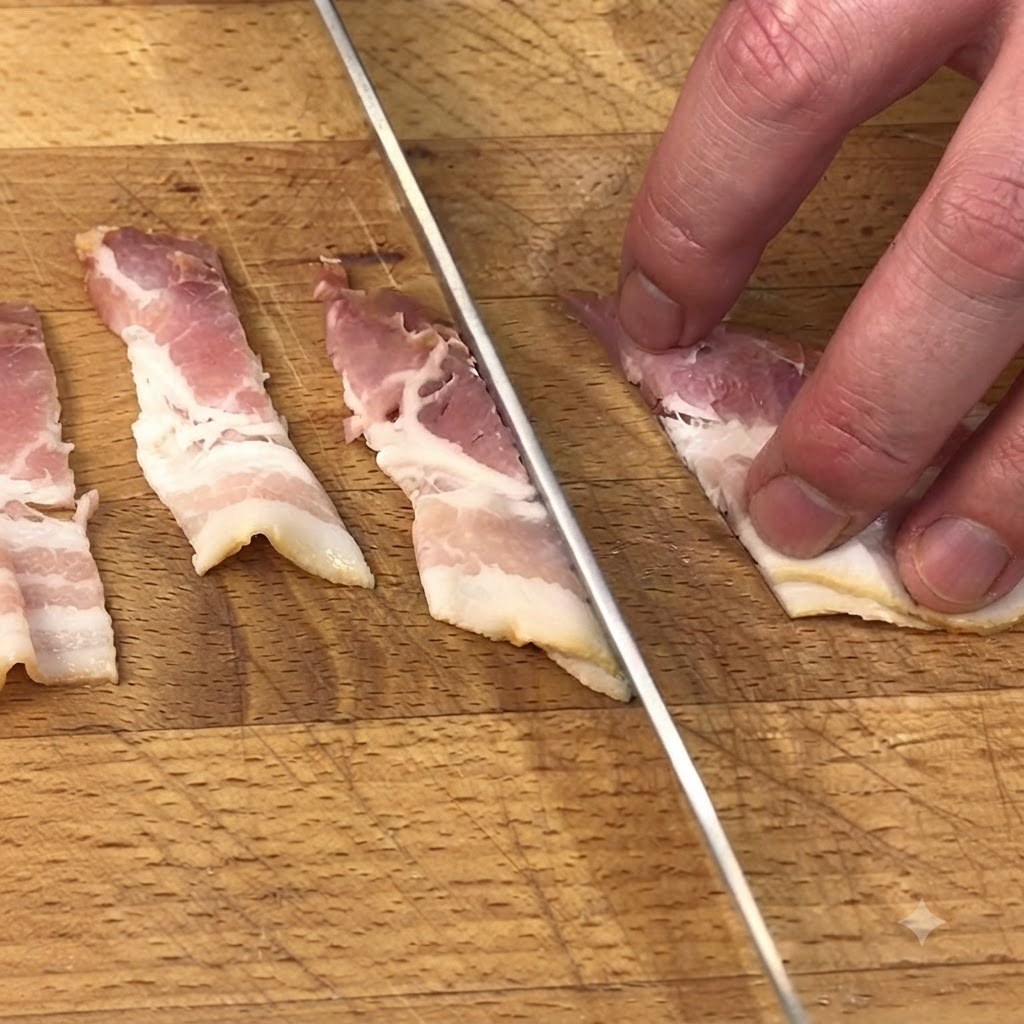 Un cuchillo de cocina cortando tiras de tocino crudo en una tabla de cortar de madera.