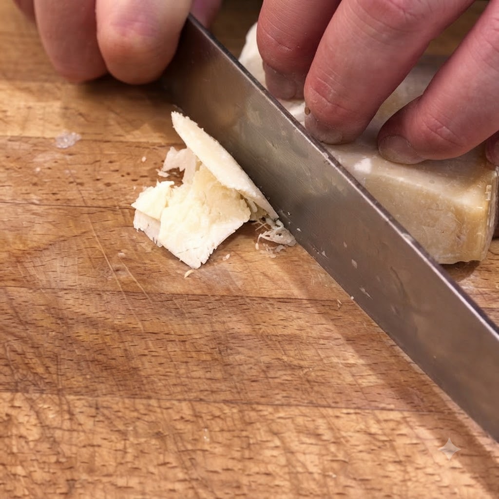 Un cuchillo cortando cuñas de queso Parmigiano-Reggiano italiano en una tabla de madera.