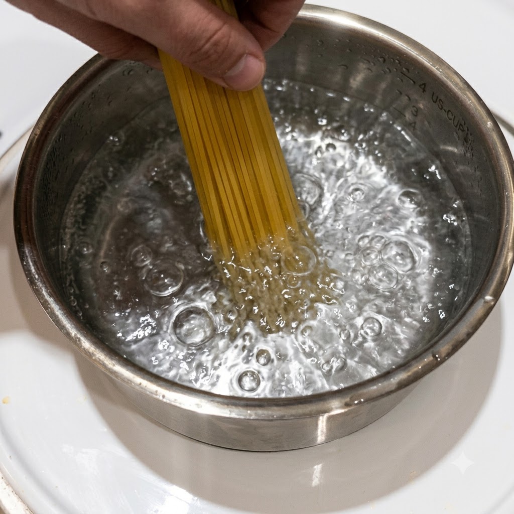 Pasta penne hirviendo en una olla con agua caliente burbujeante.