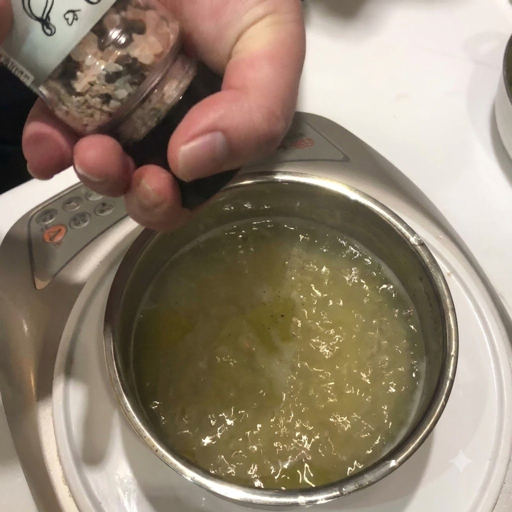 Sal y pimienta negra siendo esparcidas en una olla de agua hirviendo para pasta.