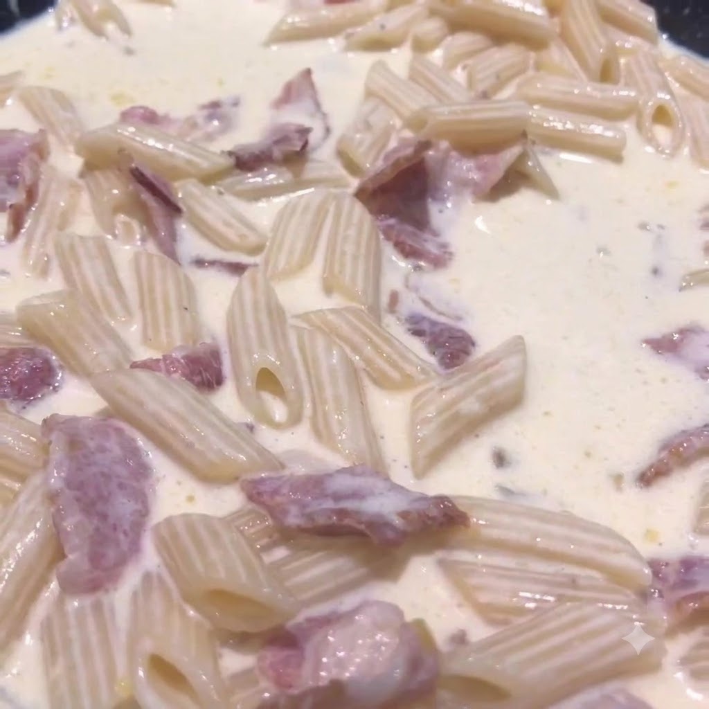 Vista de cerca de la pasta penne cociéndose a fuego lento en una salsa cremosa dentro de una sartén.