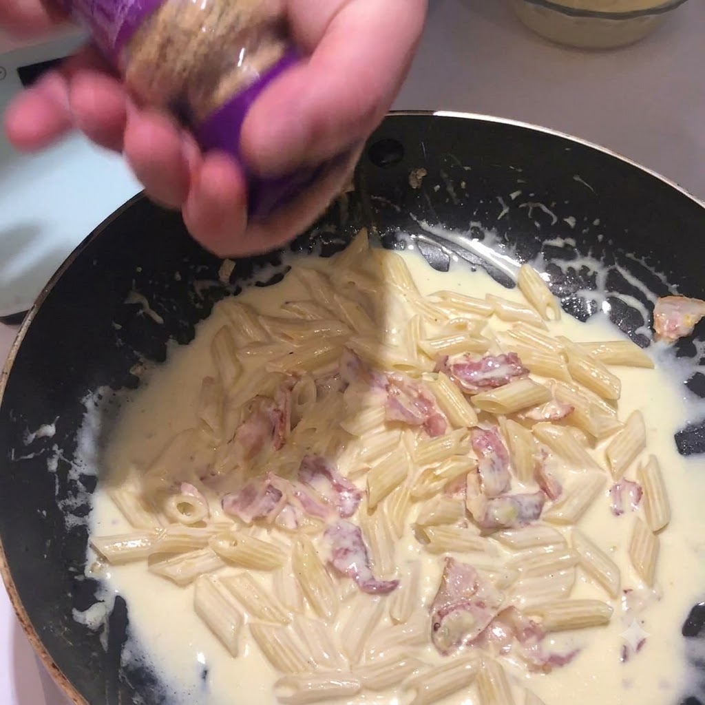 Sal de ajo siendo sacudida desde un envase sobre la mezcla de pasta cremosa en una sartén.