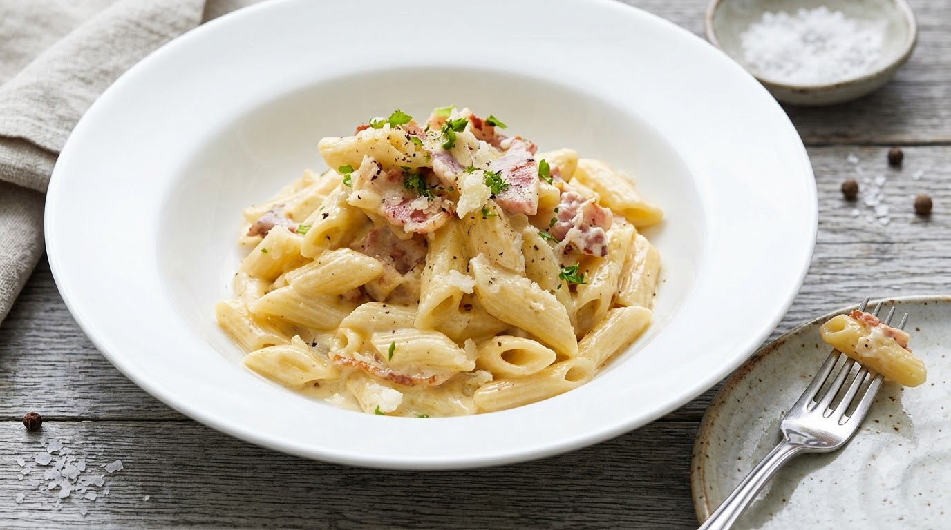 Pasta con Penne, Tocino y Salsa Cremosa