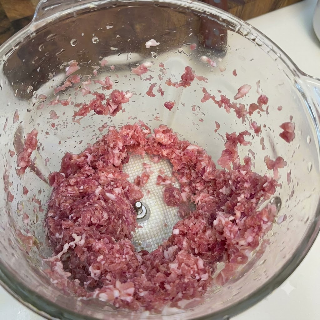 Trozos de carne picada de cerdo o res cargados dentro del vaso de un procesador de alimentos de vidrio.