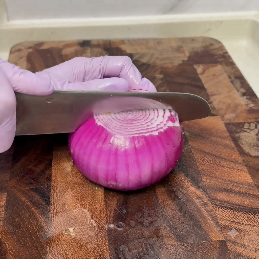 Una cebolla morada siendo cortada con un cuchillo sobre una tabla de cortar de madera.