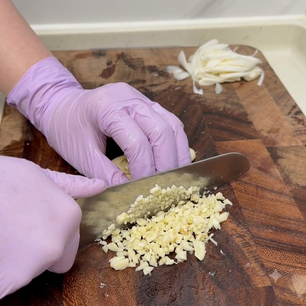 Dientes de ajo siendo picados finamente con un cuchillo sobre una tabla de cortar junto a cebollas cortadas.