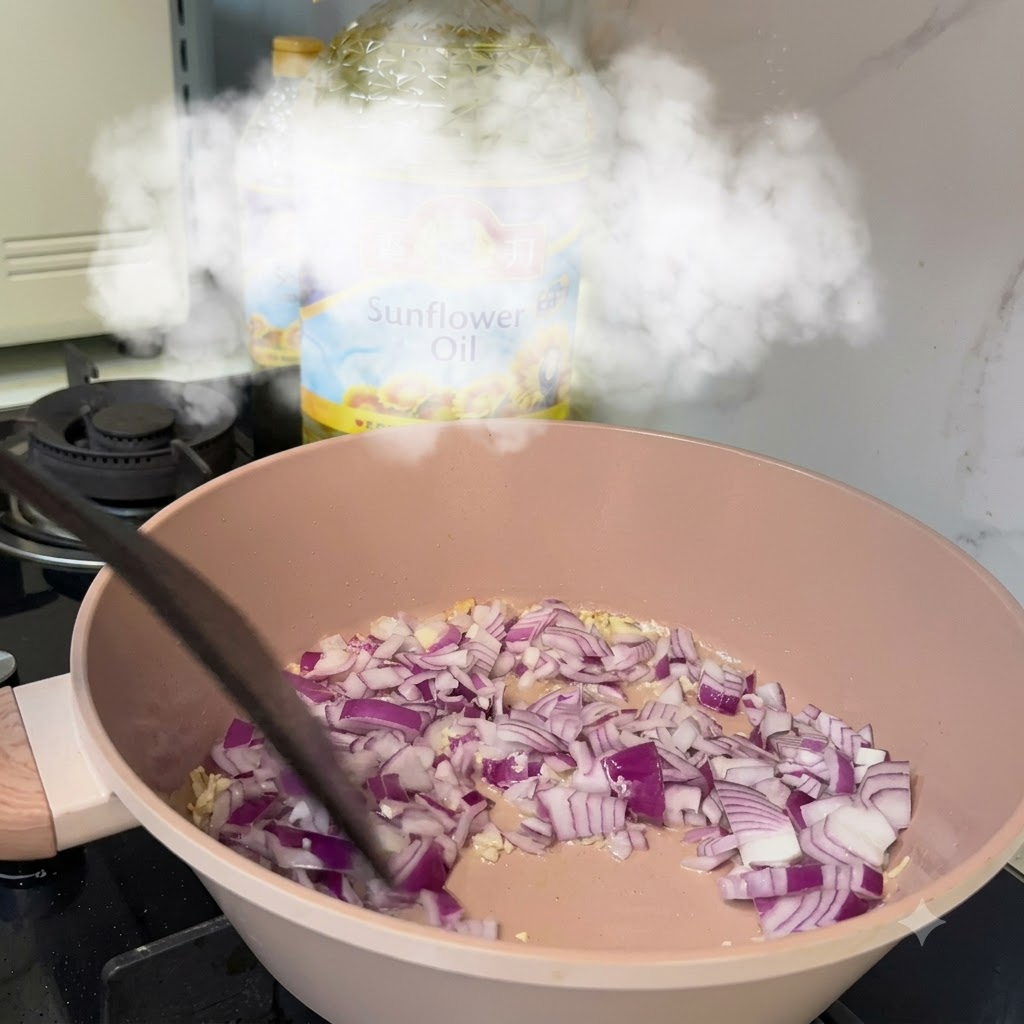 Cebollas moradas en cubitos cociéndose en una sartén con ajo y aceite sobre una estufa.