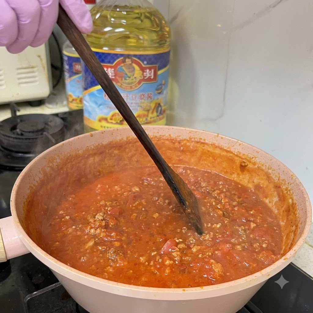 Carne molida cociéndose en una salsa espesa de tomate y cebolla dentro de una sartén, siendo removida con una espátula de madera.