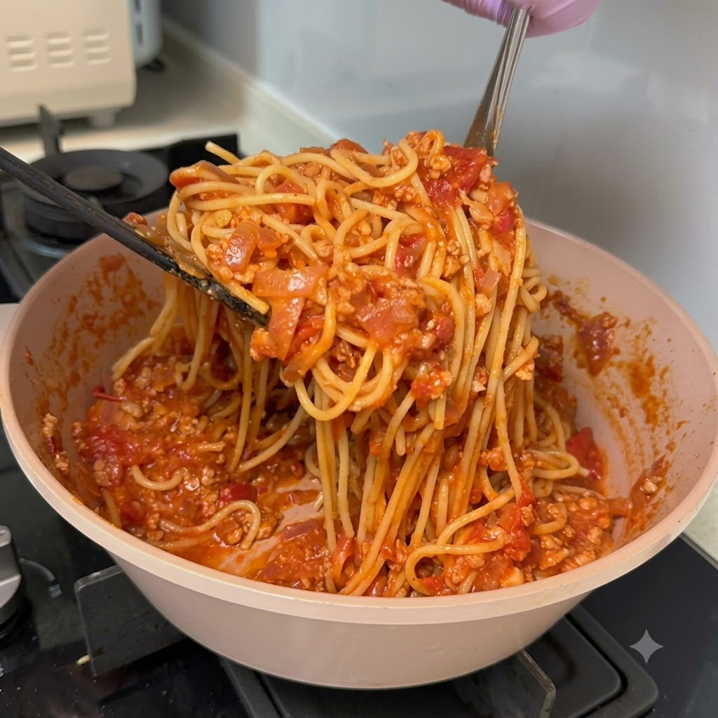 Fideos de espagueti siendo levantados e integrados en una salsa espesa de carne y tomate dentro de una sartén.