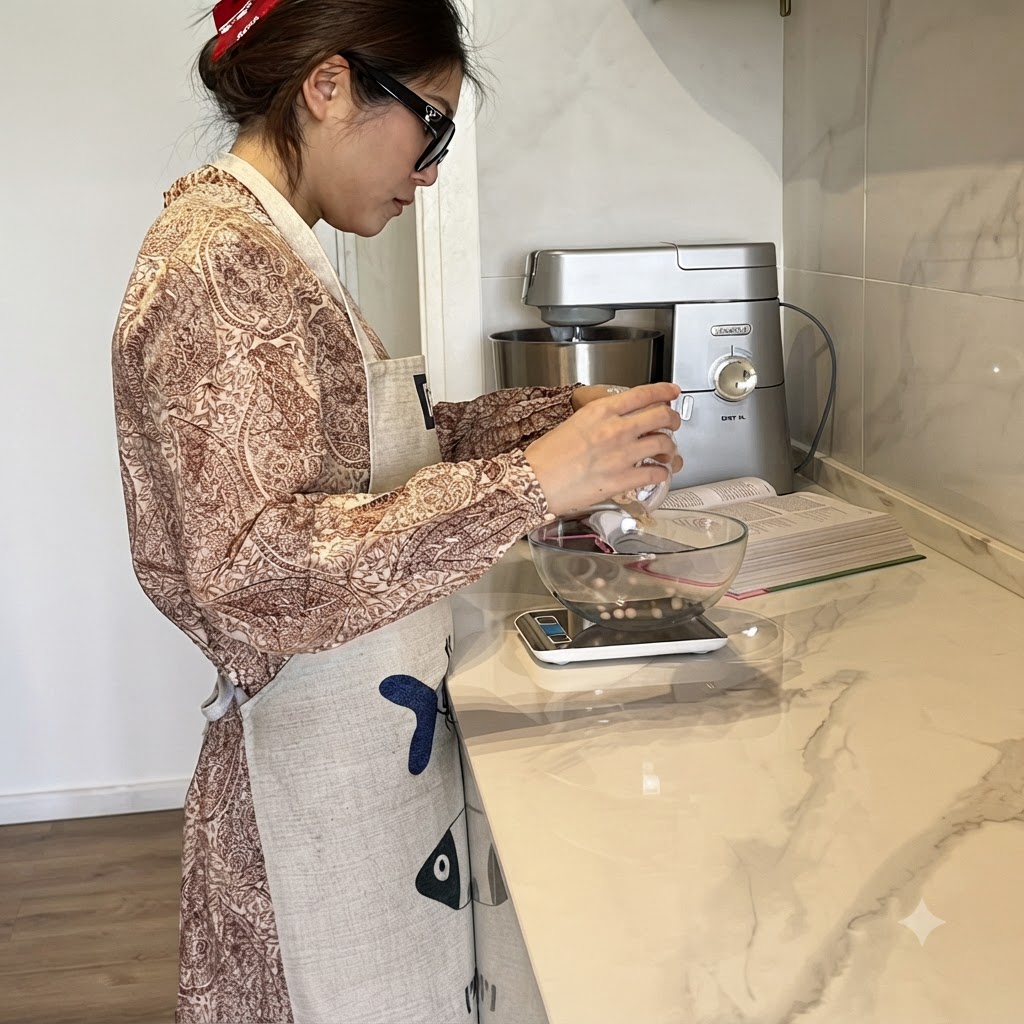 Una persona vertiendo piñones en un tazón de vidrio colocado sobre una báscula de cocina digital.