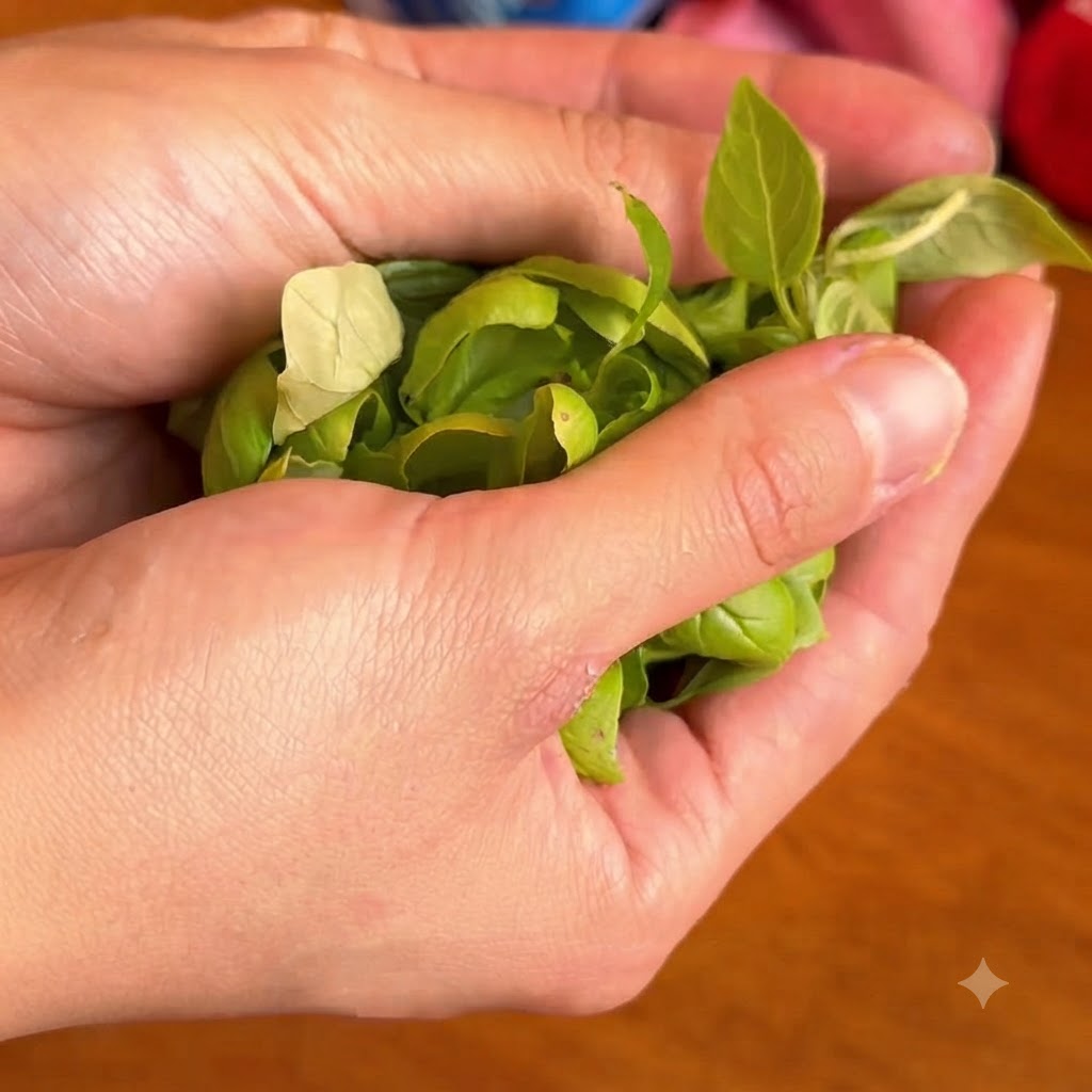 Primer plano de manos ahuecadas sosteniendo un manojo fresco de hojas de albahaca de color verde vibrante.