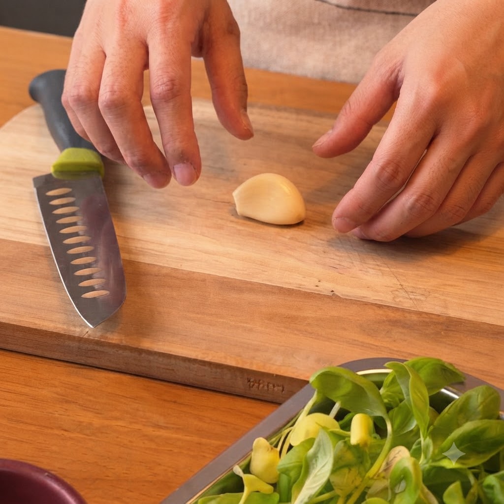 Un diente de ajo pelado que descansa sobre una tabla de cortar de madera al lado de un cuchillo de cocina.