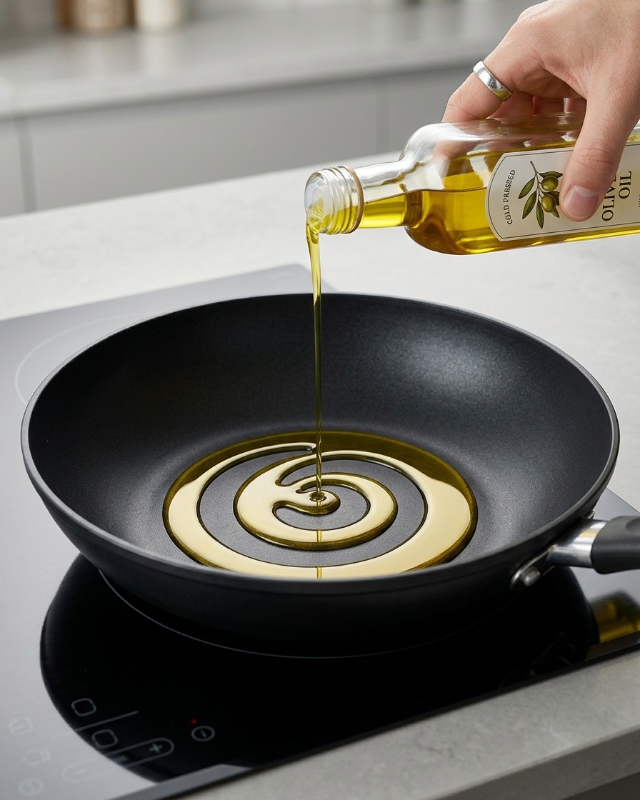 Aceite de oliva vertiéndose en espiral en una sartén negra sobre una estufa.