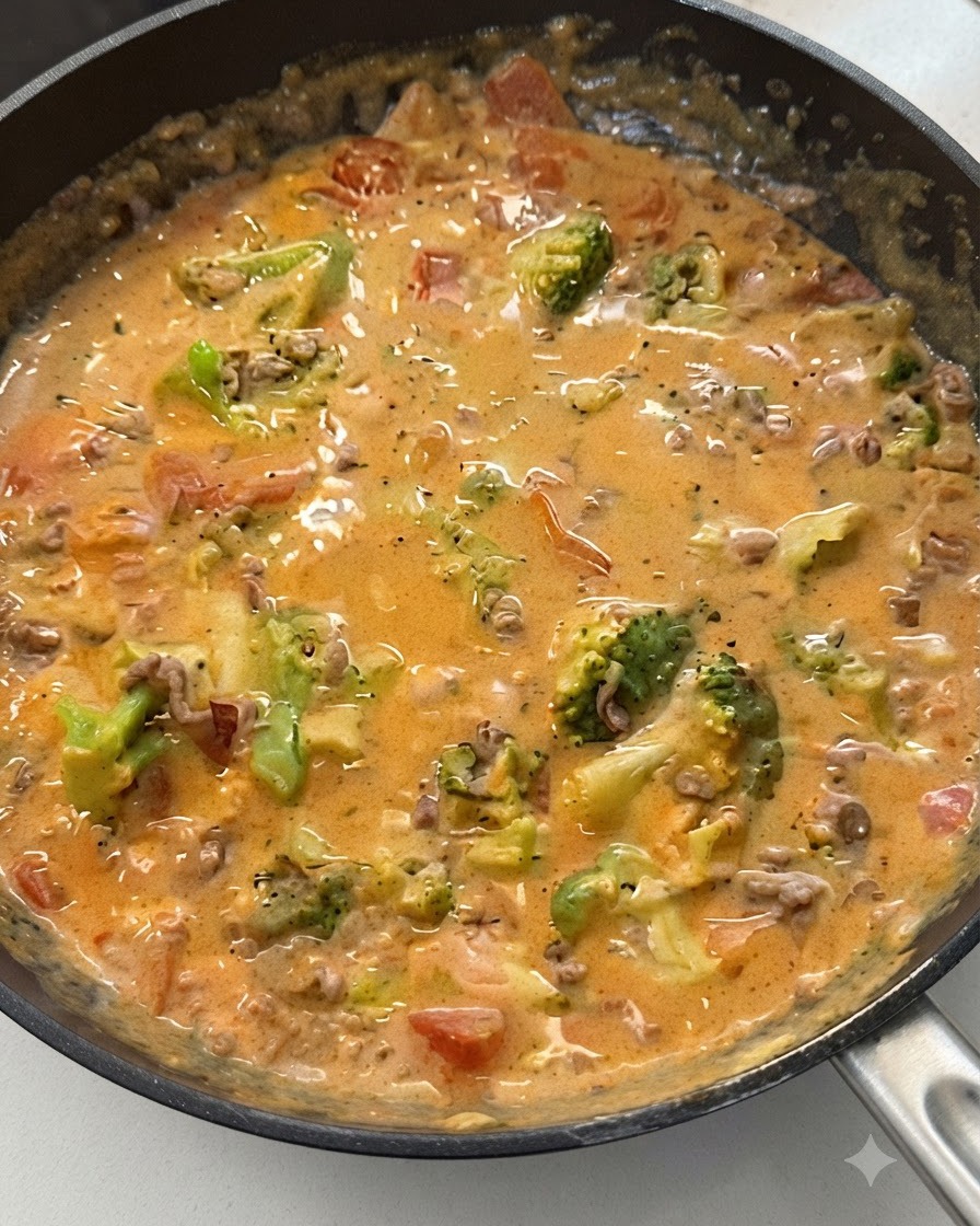 Una rica y cremosa salsa de tomate y carne mezclada con verduras dentro de una sartén.