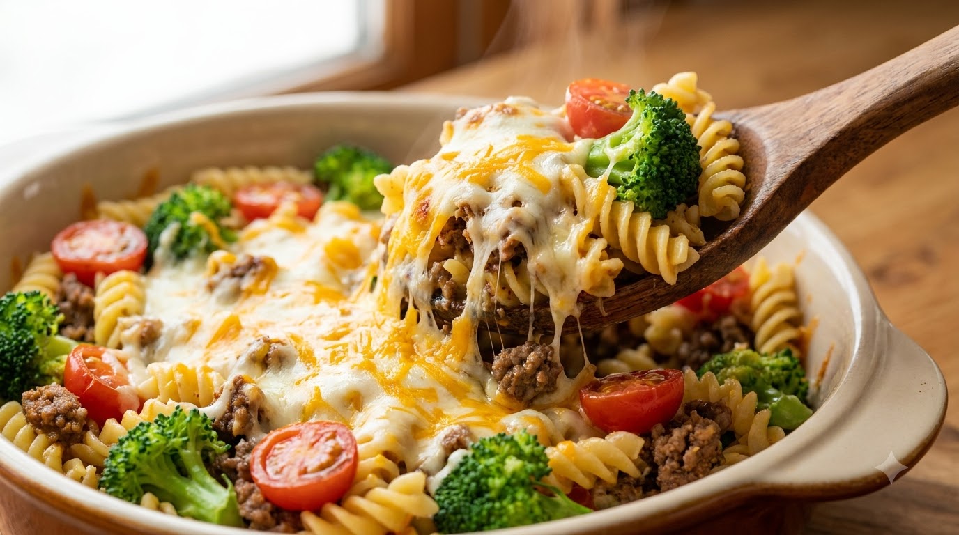 Fusilli al Horno con Queso, Carne y Brócoli