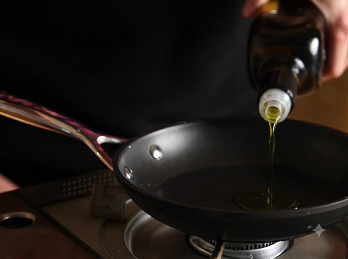 Aceite de oliva virgen extra siendo vertido desde una botella de vidrio oscuro en una pequeña sartén negra.