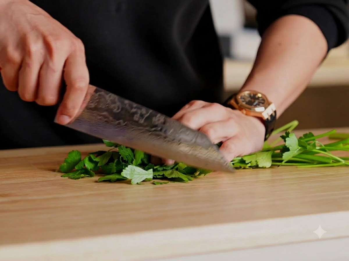 Una persona usando un cuchillo de chef grande para picar perejil verde fresco en una tabla de cortar de madera.