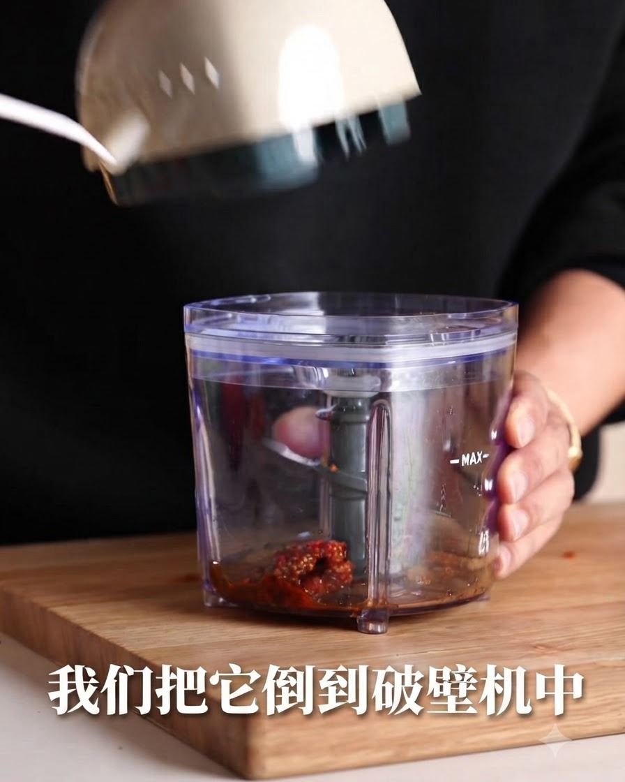 Ajo frito y aceite siendo vertidos en el vaso de una licuadora.