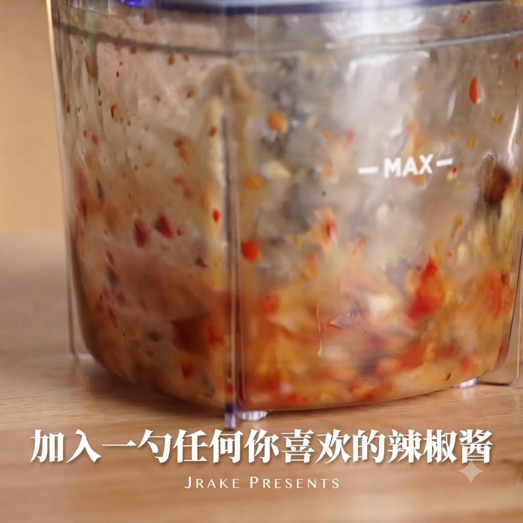 Salsa de chile rojo siendo añadida al vaso de la licuadora.