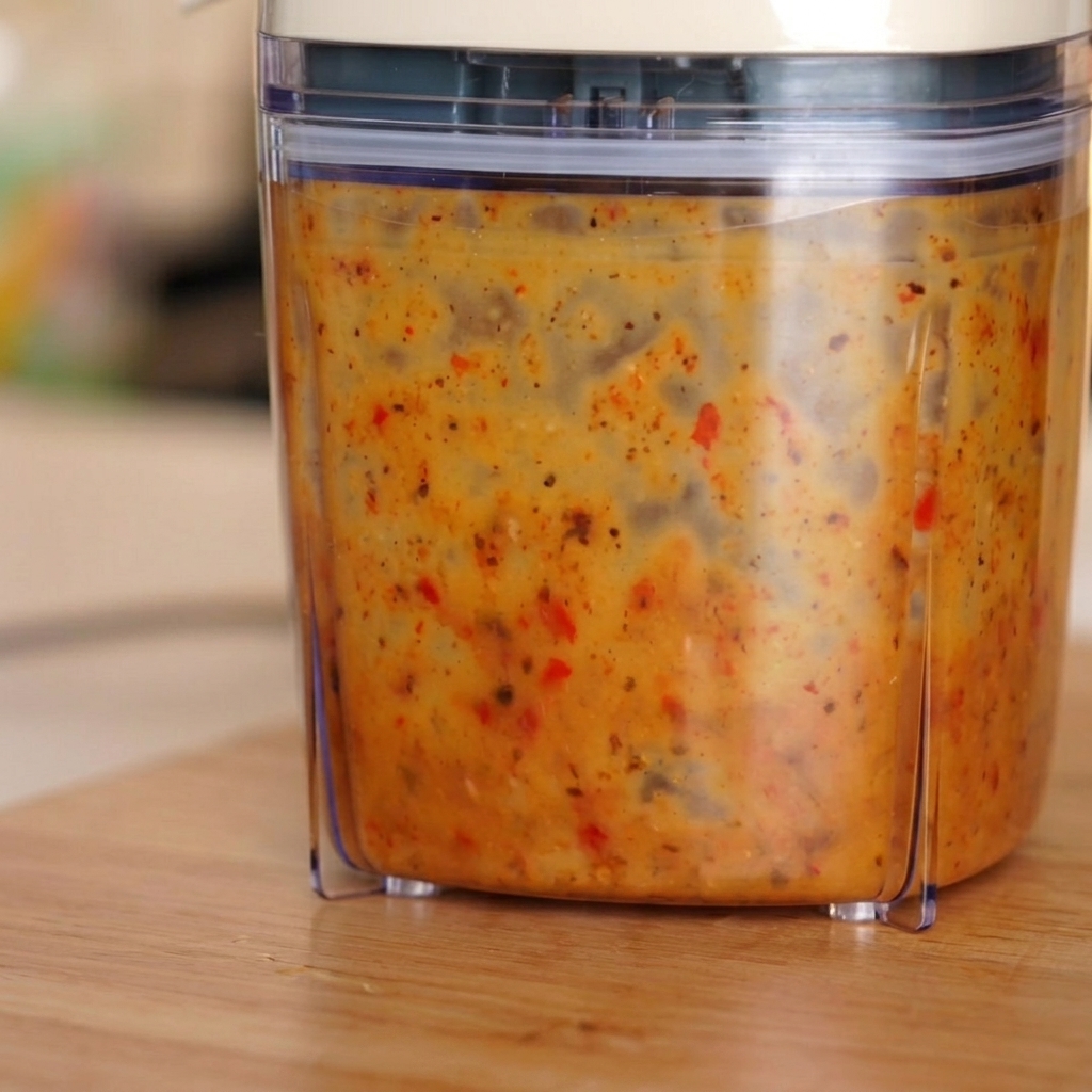 Una salsa de chile y ajo de color amarillo anaranjado, licuada y emulsionada dentro del vaso de la licuadora.