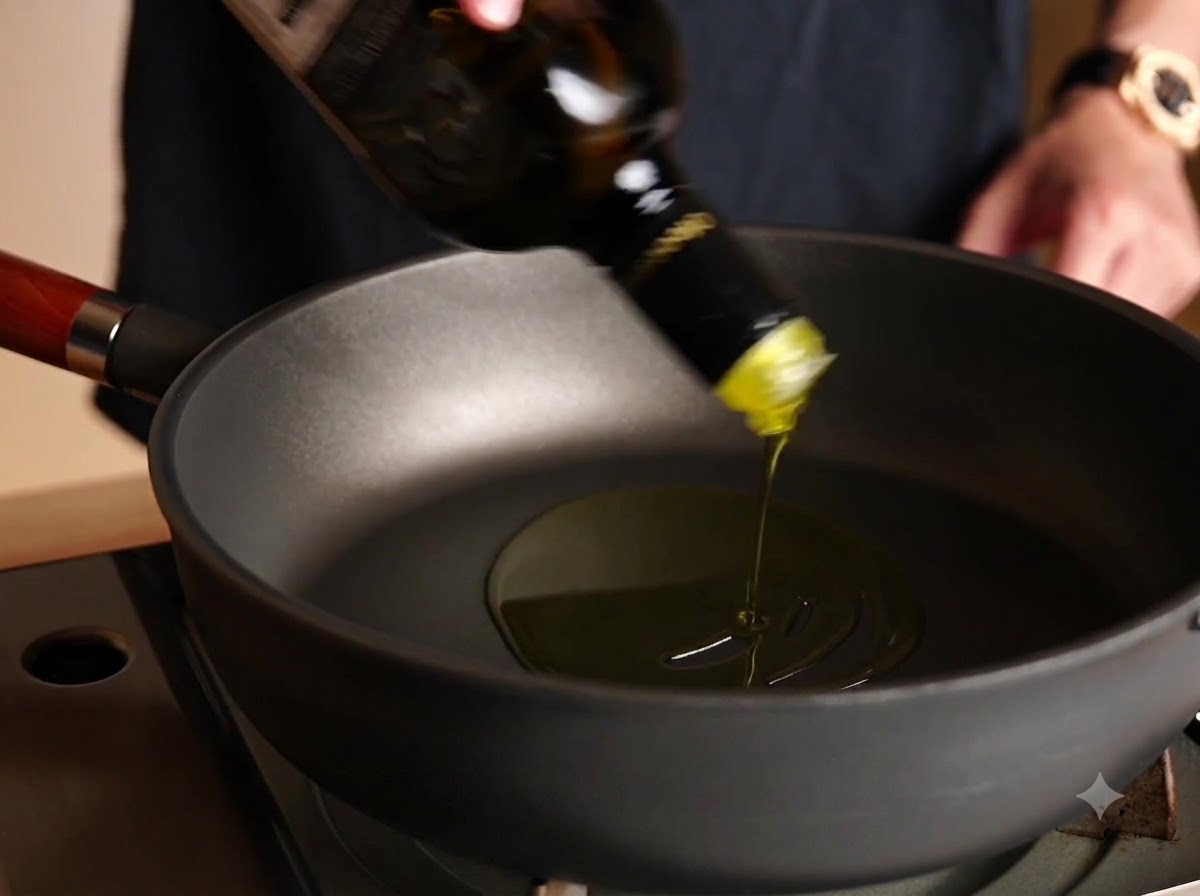 Aceite de oliva virgen extra siendo vertido desde una botella a una sartén negra ancha.