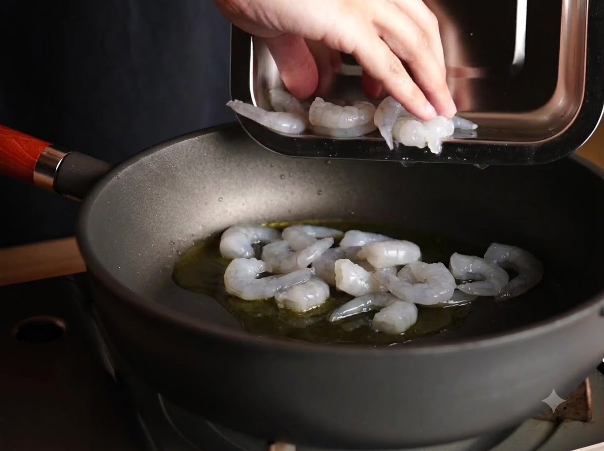 Camarones crudos y pelados siendo colocados en una sartén con aceite de oliva caliente.