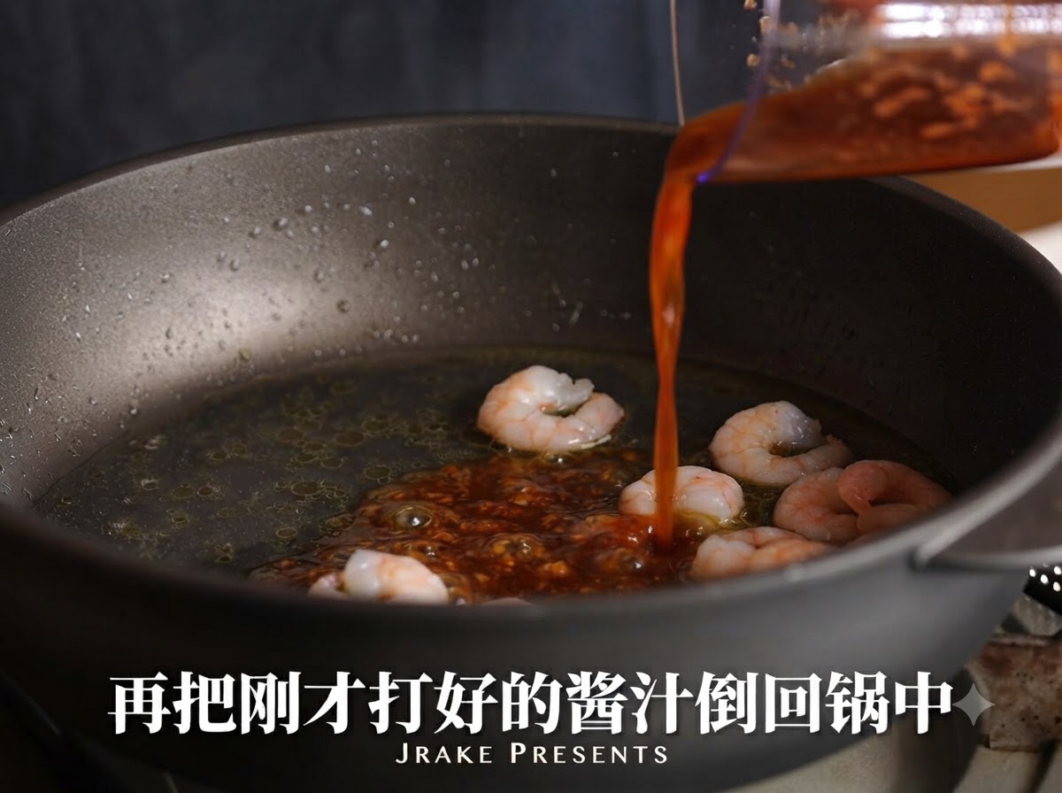 Salsa roja de chile y ajo siendo vertida desde un recipiente a la sartén con los camarones y el caldo.