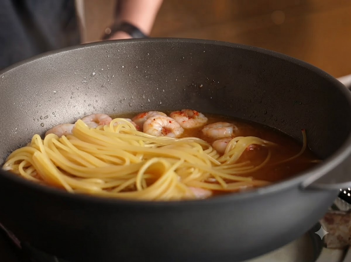 Fideos de espagueti y camarones cocinándose a fuego lento juntos con salsa en una sartén.