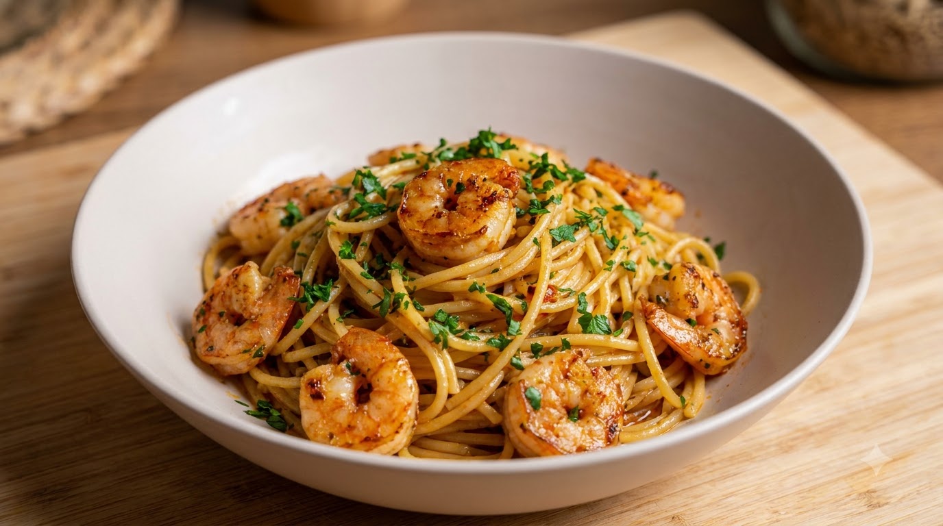 Pasta Italiana Picante con Camarones y Aceite de Oliva al Ajo
