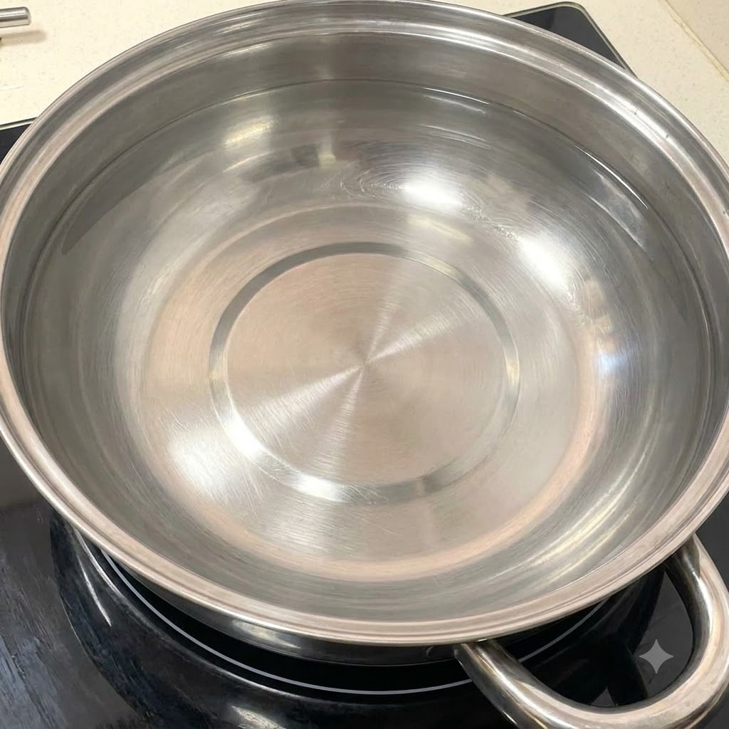 Una olla de acero inoxidable limpia llena de agua sobre el quemador de una estufa.