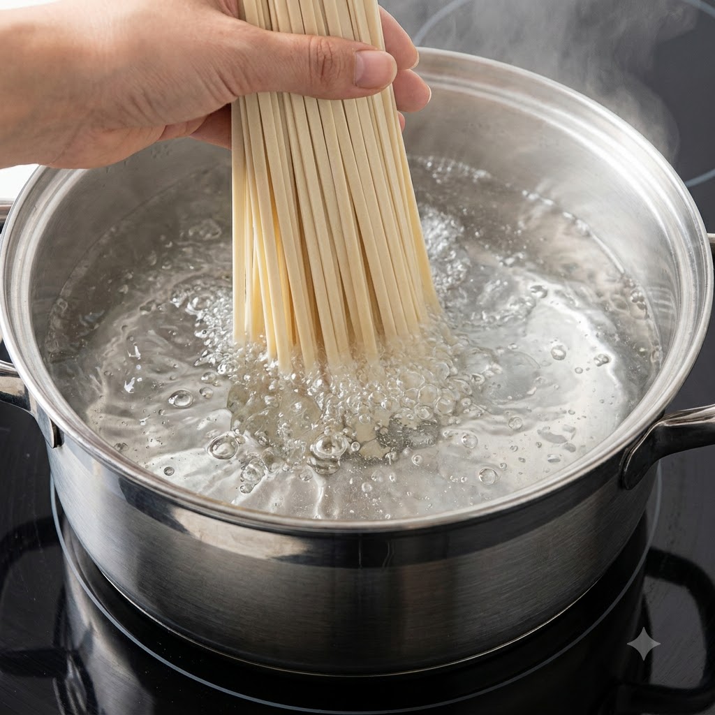 Una mano sosteniendo un fajo de fideos secos que se introducen en una olla con agua hirviendo.