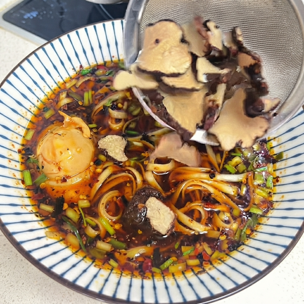 Un colador con rodajas de trufa cocidas que se vacían sobre un cuenco de fideos picantes con huevo y cebollino.