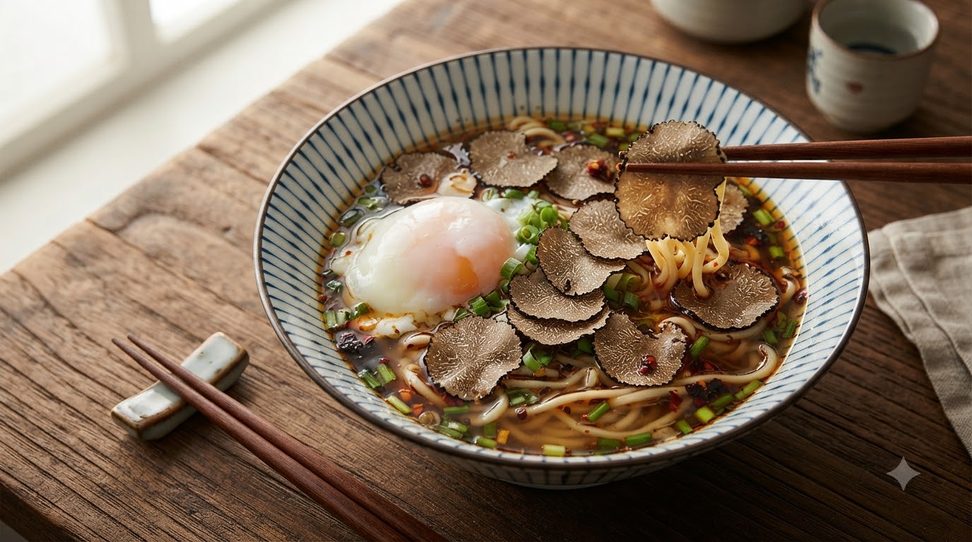Fideos de Sopa Clara con Trufa y Huevo Poché