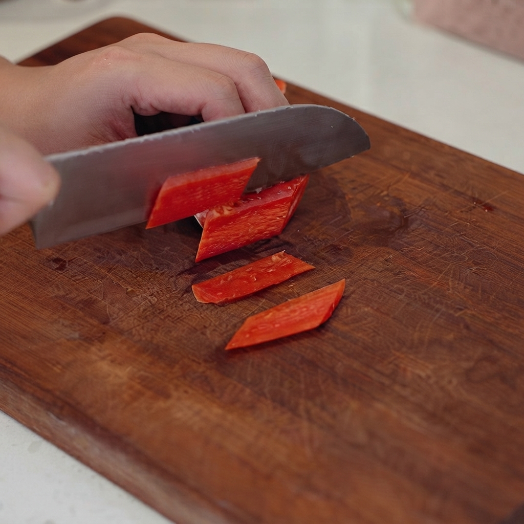 Manos usando un cuchillo para cortar una zanahoria roja en trozos pequeños sobre una tabla de cortar de madera oscura.