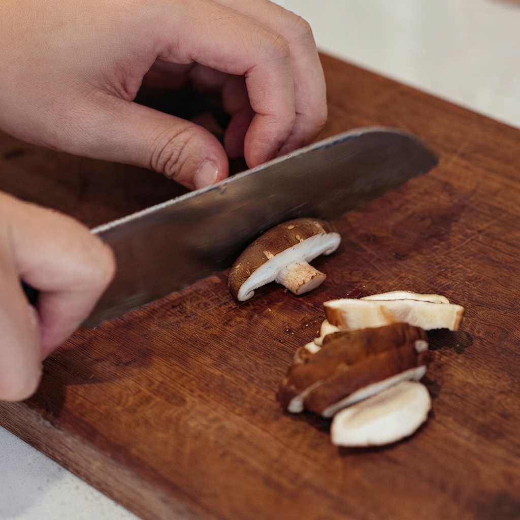 Manos cortando cuidadosamente setas shiitake marrones frescas en una tabla de cortar de madera.