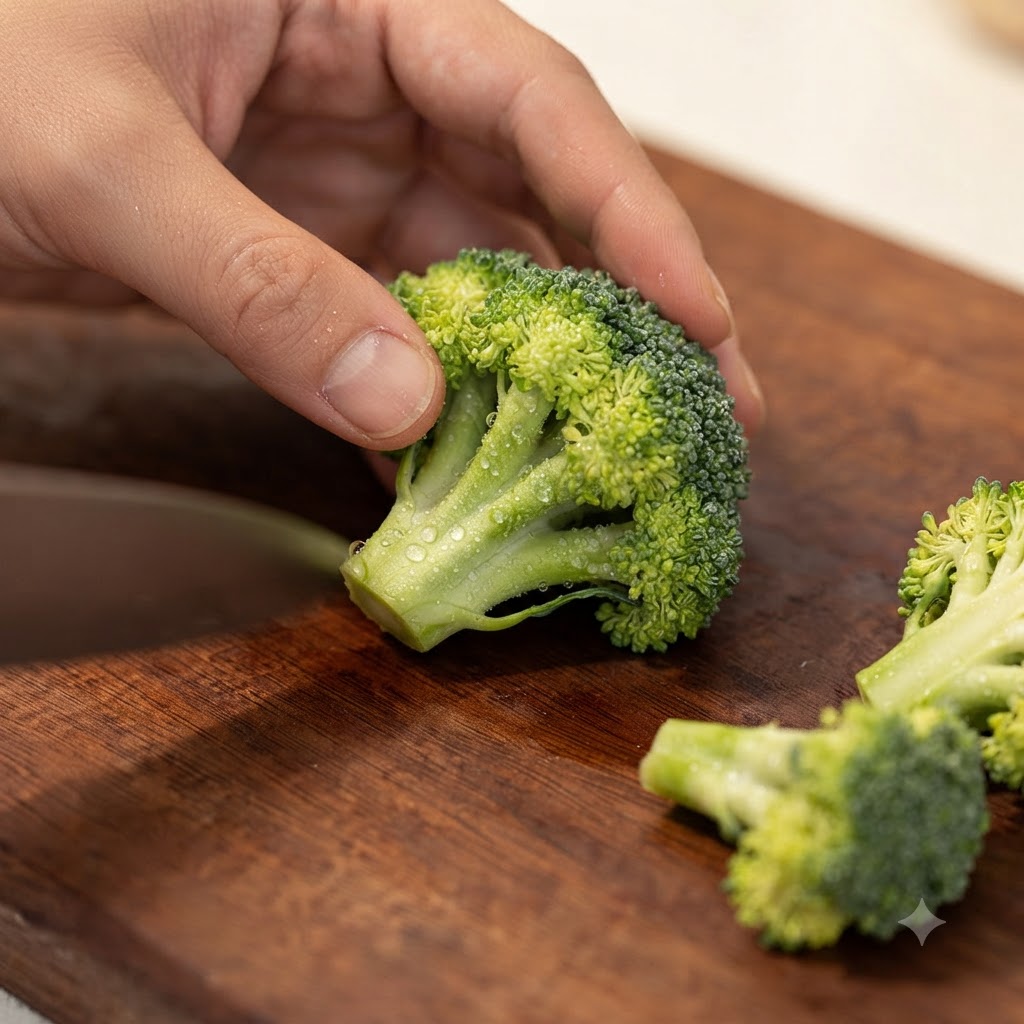 Una mano sosteniendo un ramillete de brócoli verde fresco en una tabla de cortar de madera, preparándose para cortarlo con un cuchillo.