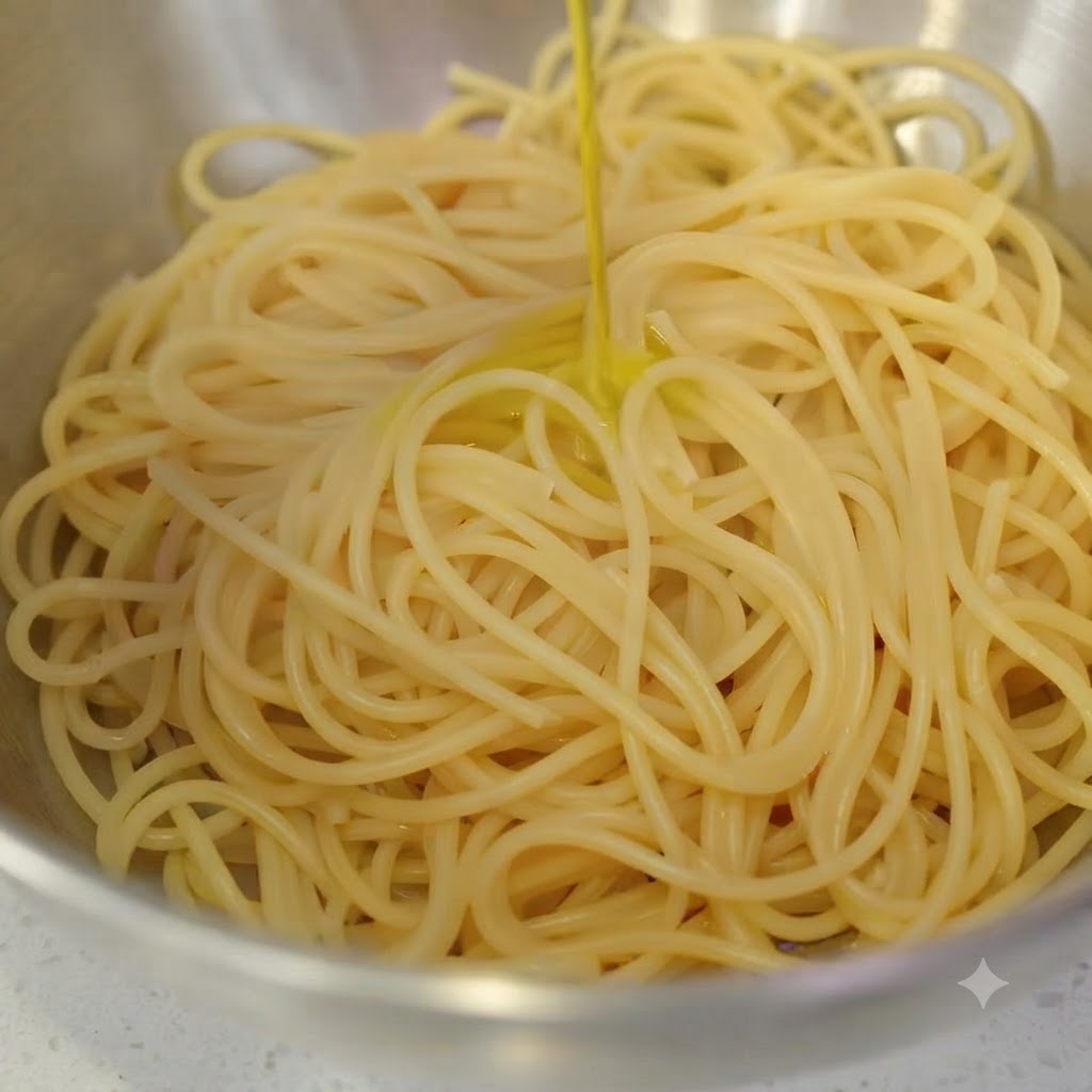 Aceite de oliva dorado siendo vertido sobre un montón de fideos de espagueti cocidos dentro de un tazón de mezcla de acero inoxidable.