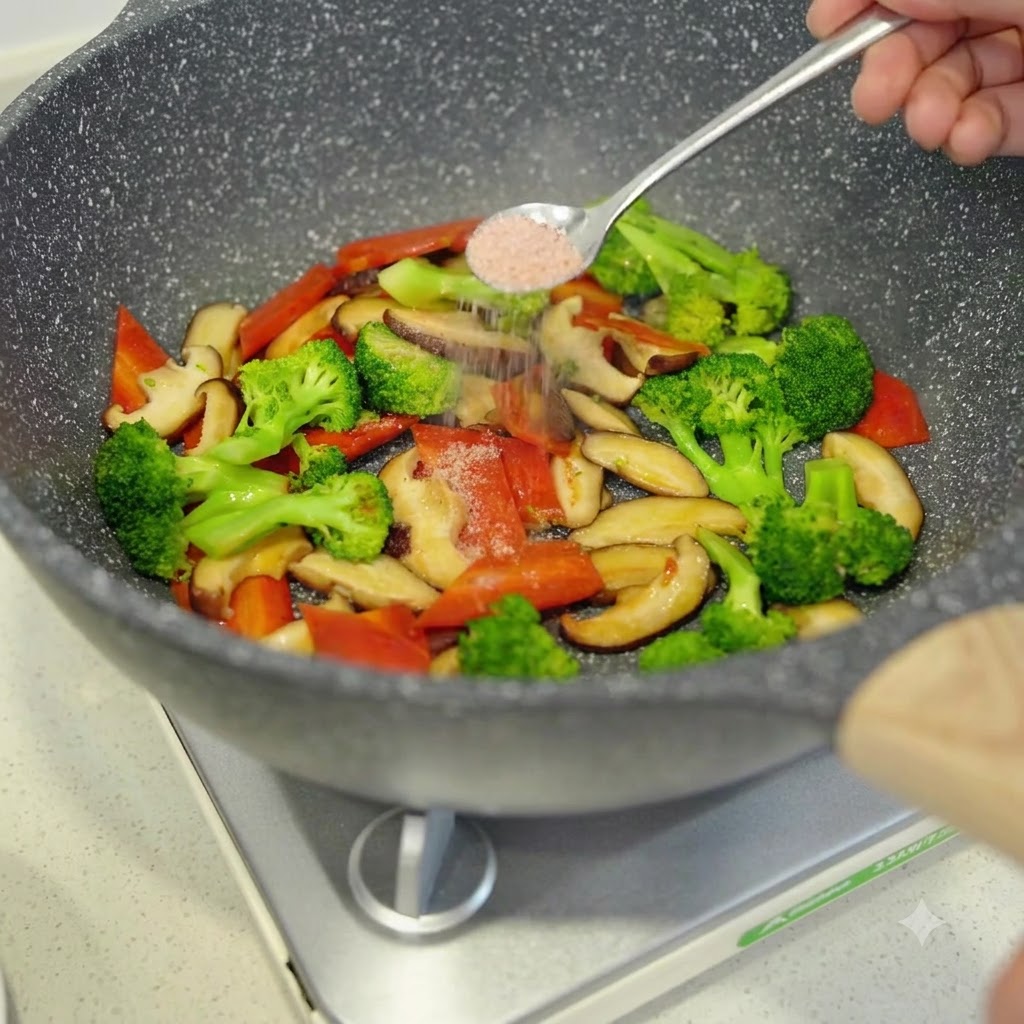 Sal siendo espolvoreada desde una cuchara sobre verduras que se están salteando en una sartén.