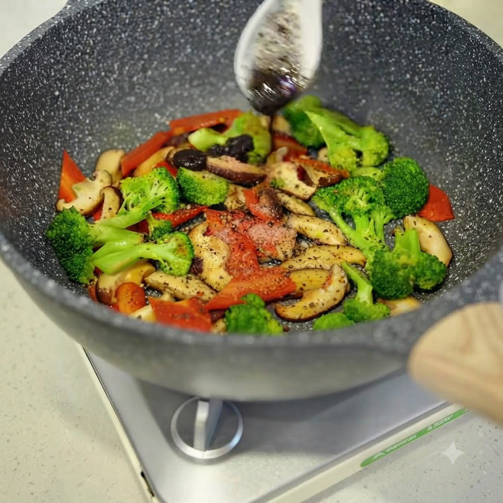 Una cucharada de salsa de trufa negra siendo añadida a una sartén de verduras mixtas.
