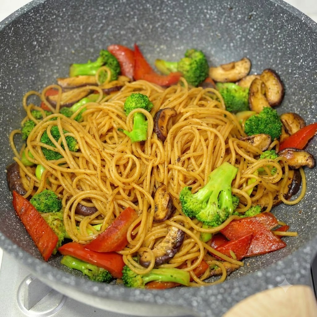 Espaguetis salteados con brócoli, setas y pimientos rojos en un wok justo antes de emplatar.