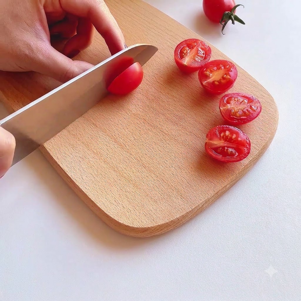 Tomates cherry cortados por la mitad en una tabla de cortar de madera con un cuchillo de chef.