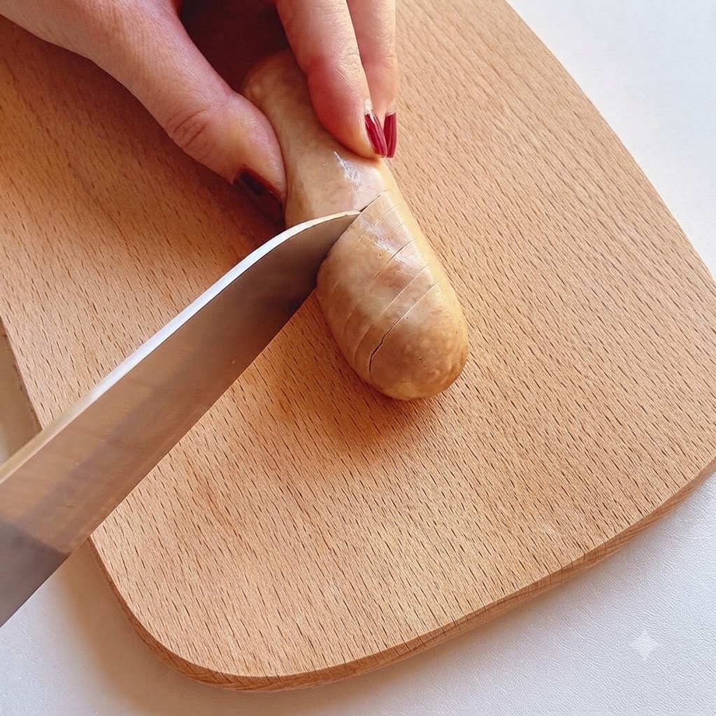 Una salchicha cortada verticalmente en una tabla de cortar de madera con un cuchillo.