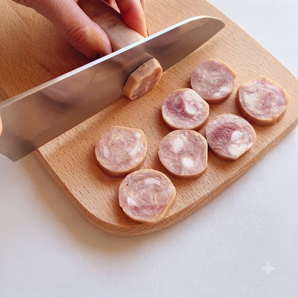Salchichas cortadas en rodajas uniformes sobre una tabla de cortar de madera con un cuchillo.