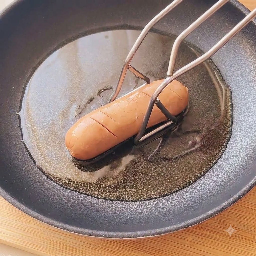 Salchichas enteras marcadas friéndose en aceite caliente dentro de una sartén.