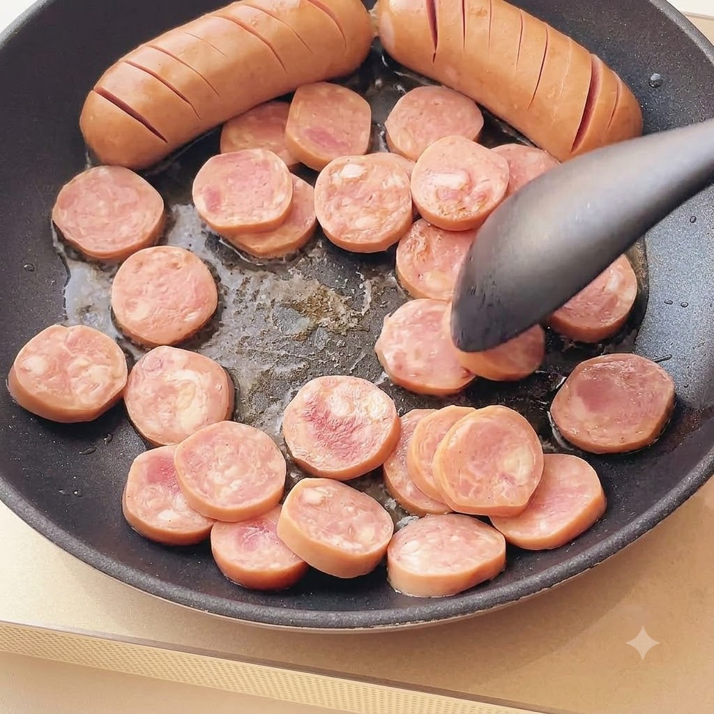 Rodajas de salchicha dorándose en una sartén aceitada junto con dos salchichas enteras marcadas.