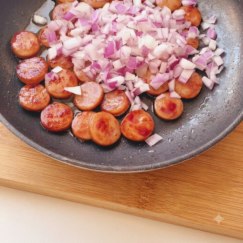 Cebolla morada finamente picada esparcida sobre trozos de salchicha dorados en una sartén.