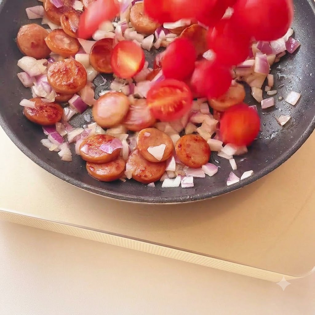 Mitades de tomate cherry cayendo a la sartén sobre las cebollas cocinadas y las rodajas de salchicha.