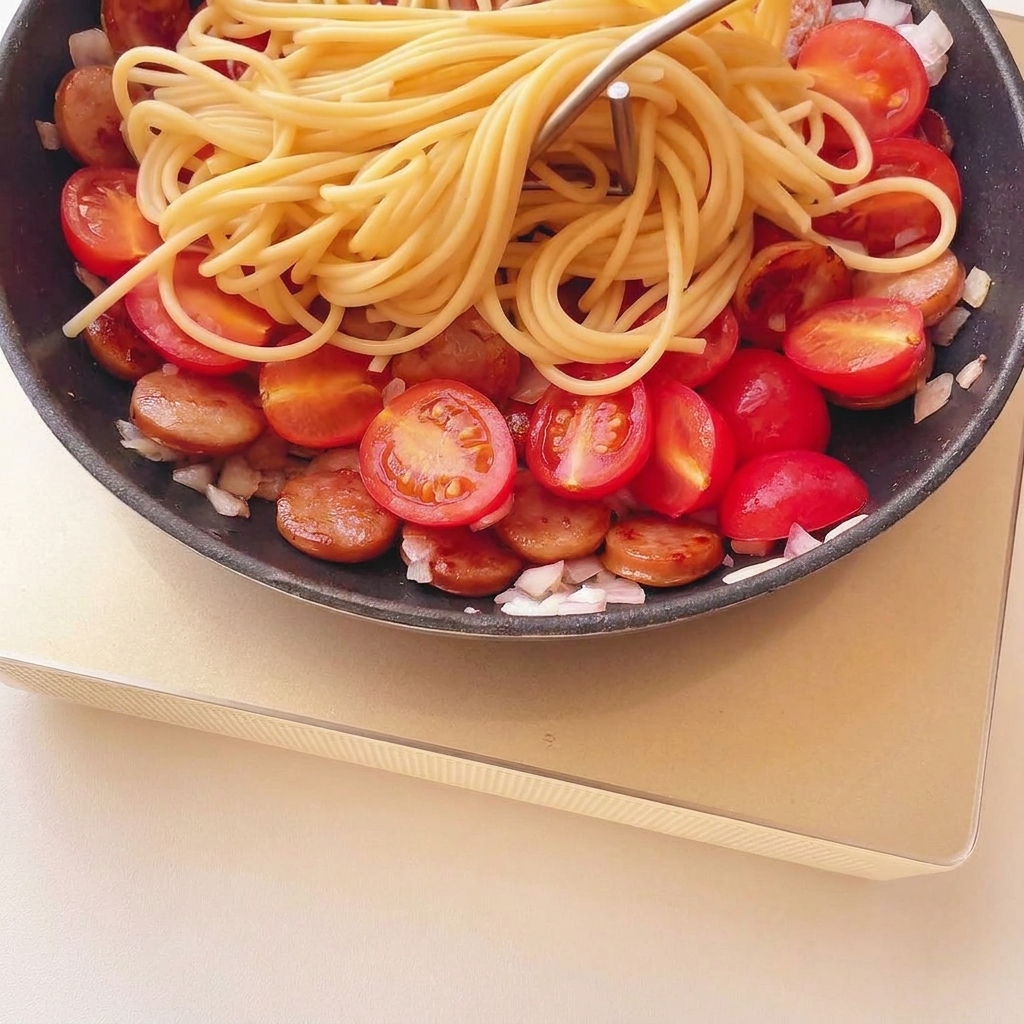 Fideos de espagueti sobre la mezcla de tomate y salchicha en una sartén.